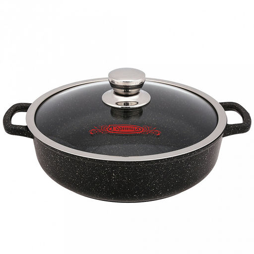 Жаровня с антипригарным покрытием 2,5л, д24см "Гранит Induction", h7см, s0,4см, литые ручки, стеклянная крышка с пароотводом, подарочная упаковка (Россия) Подходит для всех видов плит, включая индукционную.