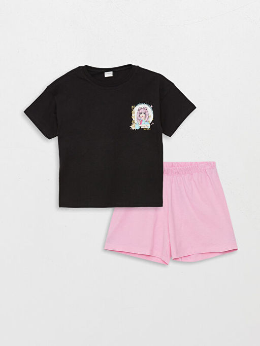 Bisiklet Yaka Bask?l? K?sa Kollu K?z ?ocuk ?ortlu Pijama Tak?m?