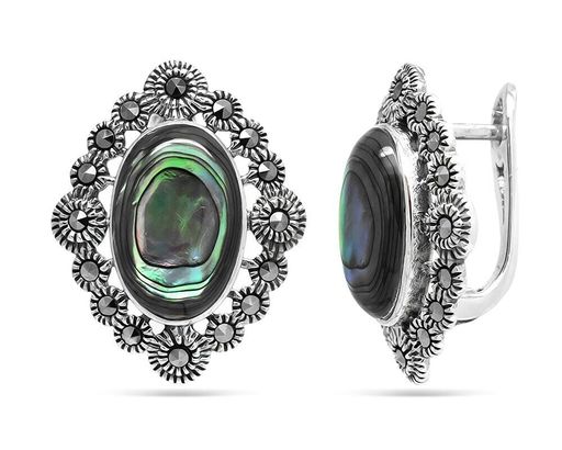 Серьги из серебра марказит, перламутр зелёный, SL-AGA126