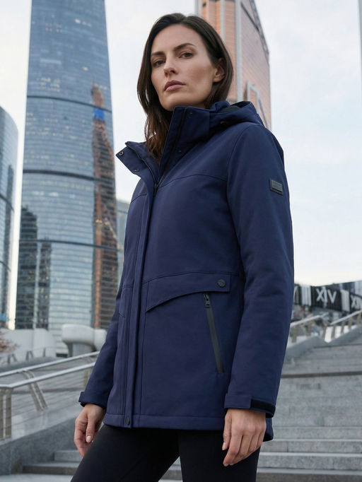 Ветровка женская софтшелл виндстоппер с капюшоном спортивная темно-синего цвета 9616_1TS - Valianly фото 20