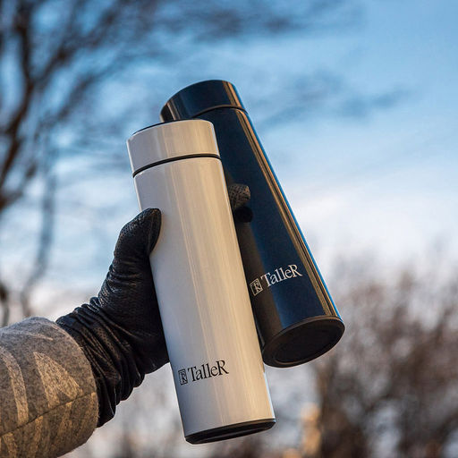 Термос из нержавеющей стали с узкой горловиной 0,45л "Морис" д6,3см, h22см, горло д5см, съемная сетка-фильтр, сенсорный индикатор температуры (несъемная батарейка), герметичная крышка, покрытие - черное, глянцевое, "TalleR" (Китай)