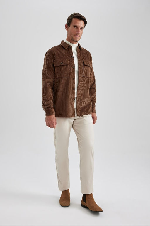 Вельветовая куртка-рубашка стандартного кроя с воротником-поло и длинными рукавами - Defacto фото 5