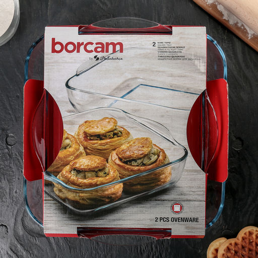 Набор посуды для запекания Paşabahçe Borcam, 2 предмета: 3.2 л, 1.95 л, квадратный, жаропрочное стекло, прозрачная