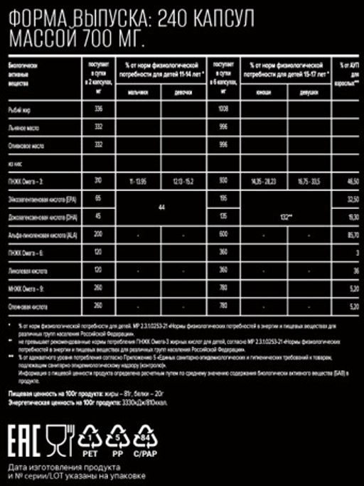 (ЧЗ)БАД ОMEGA 3-6-9 (ОМЕГА 3-6-9) 240 капсул МЖК 700мг тм AWOCHACTIVЕ - AWOCHACTIVE фото 3