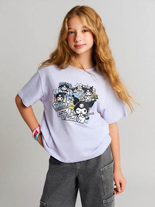 Bisiklet Yaka Kuromi Bask?l? K?z ?ocuk Ti??rt