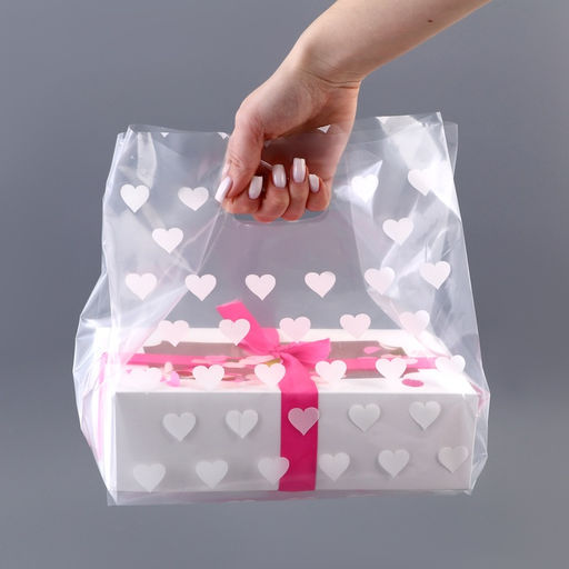 Цена за 20 шт. Пакет полиэтиленовый квадратный с вырубной ручкой, упаковка, "Сердечки", 25х35+16см ± 5% 60 мкм