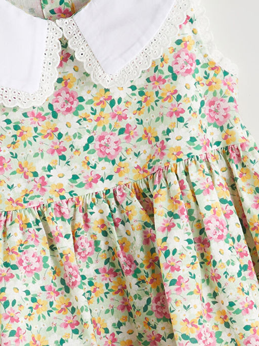 Keten Kar???ml? ?i?ekli K?z ?ocuk Elbise