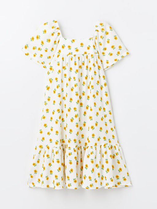 Kare Yaka ?i?ekli K?sa Kollu K?z ?ocuk Elbise - Waikiki фото 2