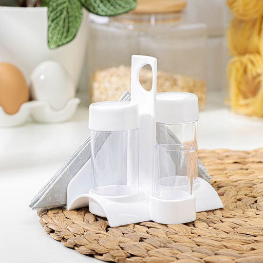 Набор для специй пластиковый BEROSSI «Рондо. Презент», 3 шт., на подставке с салфетницей, белый