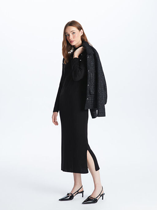 Dik Yaka Ta? ??lemeli Uzun Kollu Kad?n Triko Elbise