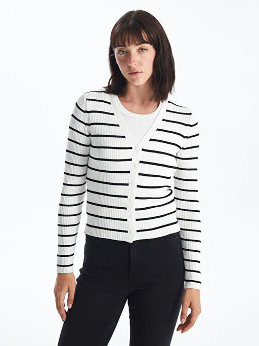 V Yaka ?izgili Uzun Kollu Kad?n Triko H?rka