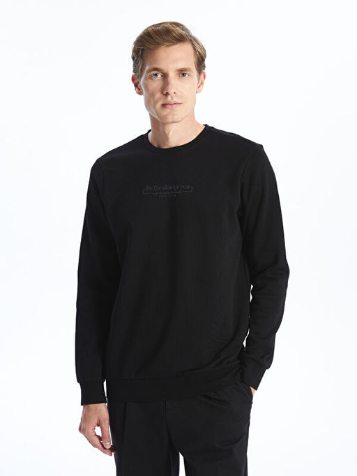 Bisiklet Yaka Bask?l? Erkek Kal?n Sweatshirt
