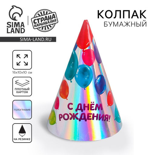 Цена за 6 шт. Колпак голографический С днём рождения, шарики