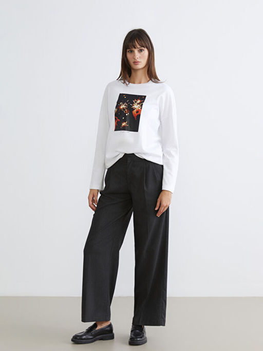 Bisiklet Yaka Bask?l? Oversize Kad?n Ti??rt