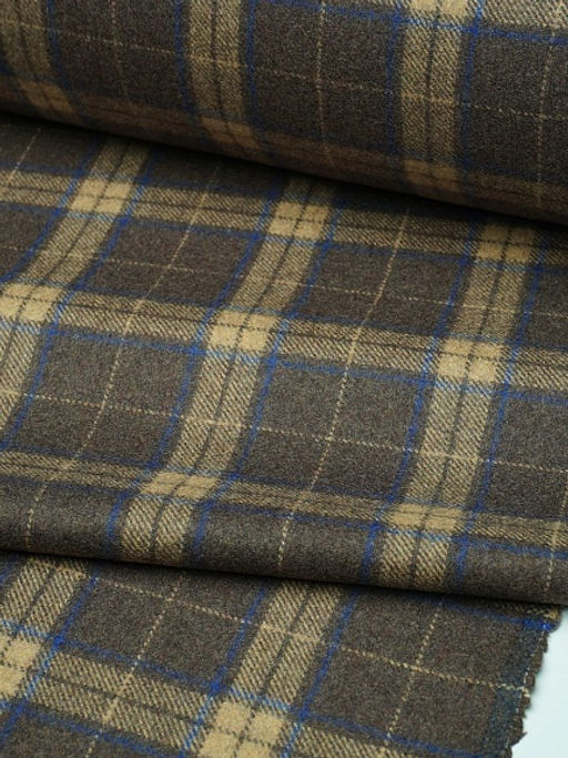 Шерсть пальтово-костюмная Твид Клетка бежево-синяя на коричневом, ш.1.5м, шерсть-50%, п/э-50% - Купава фото 6