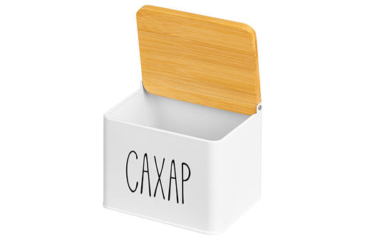 Емкость для хранения 1,5 л 14*11*11 см "Сахар" с бамбуковой крышкой, белая