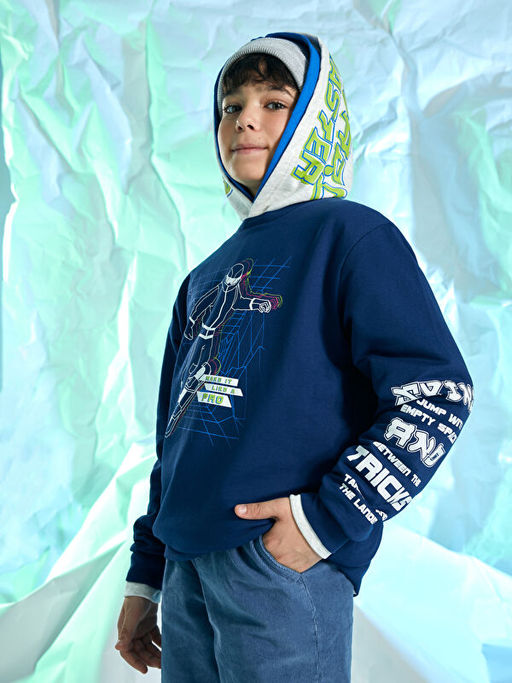 Bisiklet Yaka Bask?l? Uzun Kollu Erkek ?ocuk Sweatshirt