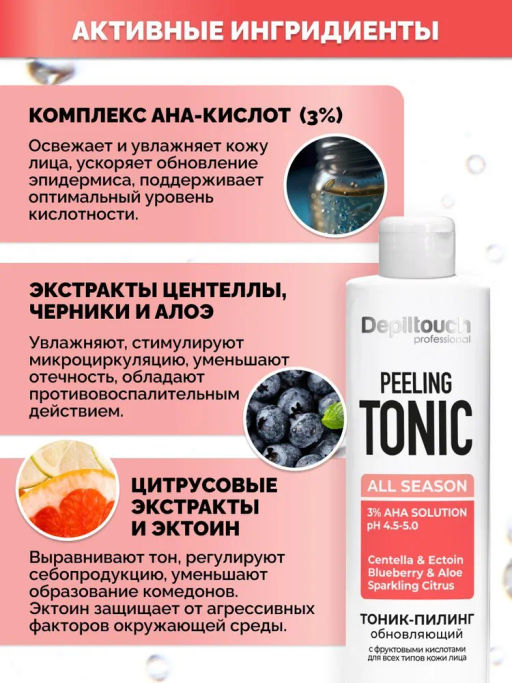 Тоник-пилинг обновляющий с фруктовыми кислотами для всех типов кожи лица, 200 мл Depiltouch  фото 5