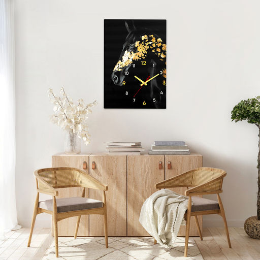 Часы - картина настенные интерьерные «Лошадь чёрное золото», бесшумные, 50×70 см