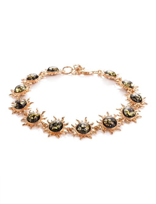 Яркий позолоченный браслет, украшенный зелёным янтарём Гелиос