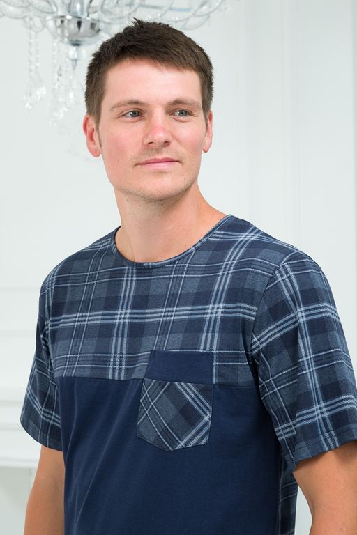 Пижама мужская из футболки с коротким рукавом и брюк из кулирки Макс темно-синяя клетка - Амадэль фото 9