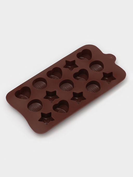 Форма для конфет и шоколада Доляна Звёзды, ракушки, сердца, силикон, 20.6?10.3 см, 15 ячеек, коричневая  фото 3
