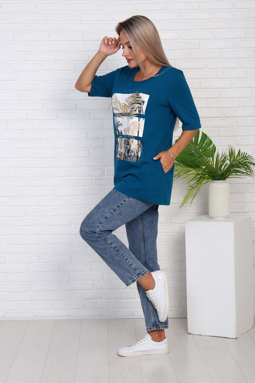 Футболка удлиненная с рисунком листья пальмы, Арт. 786