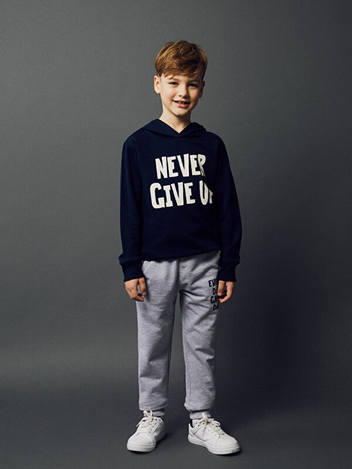 Bask?l? Uzun Kollu Erkek ?ocuk Hoodie ve E?ofman Alt? - Waikiki фото 2