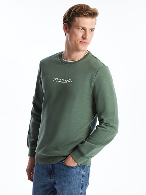 Bisiklet Yaka Bask?l? Erkek Kal?n Sweatshirt