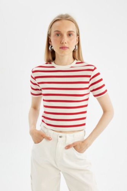 Coool Fitted Cizgili Ribana K?sa Kollu Tisort