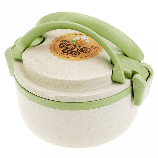 Ланч-бокс для продуктов пластмассовый Эко дом д13,8см h10см, 2 уровня: 0,15л д13,8см h2,1см; 0,6л, д13,7см h6,7см, с ложкой 13см, бежевый, с цветными клипсами и ручками, цвета в ассортименте: фисташковый, розовый (Китай) Пластик с добавлением пшени - Домашняя мода фото 6