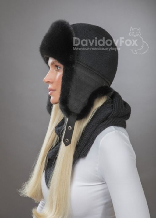 Комплект ушанка трикотаж экомех блэк косынка