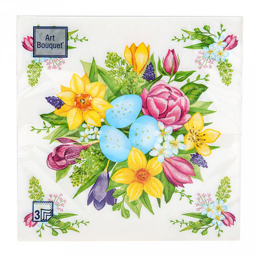 Салфетки бумажные "Art Bouquet" 33х33см, 3-х слойные, 20 штук в упаковке, 100% целлюлоза, "Пасха Букет на праздник" (Россия)