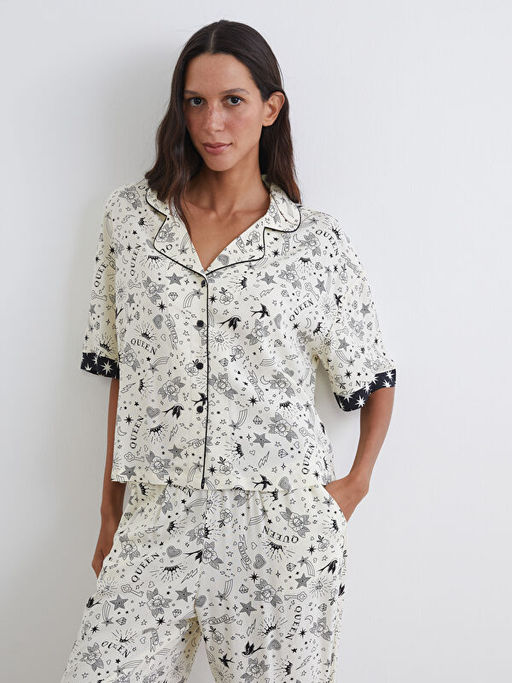 G?mlek Yaka Bask?l? Kad?n Pijama Tak?m