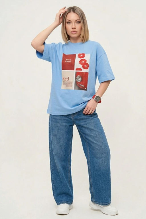 K12472 Футболка OVER SIZE (плотный хлопок) ГОЛУБОЙ