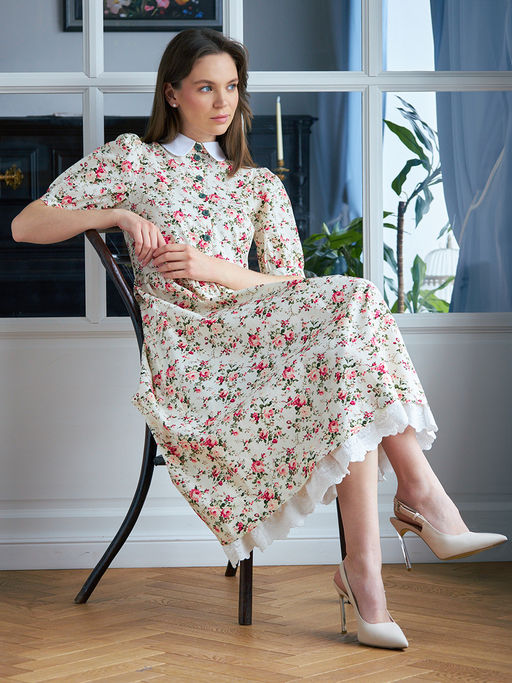 Платье хлопок OD-790-6 молочный мелкий цветок