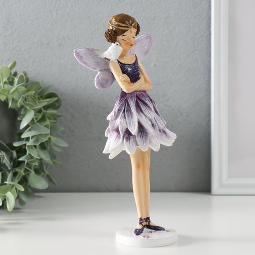 Фигурка полистоун Девочка-бабочка в сиреневом платье, с птичкой на плече, 9.5?9?21 см