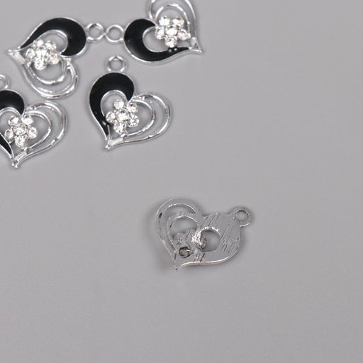 Цена за 5 шт. Декор для творчества металл, стразы «Сердце с цветочком», серебро, чёрный, 2×1.7×0.3 см