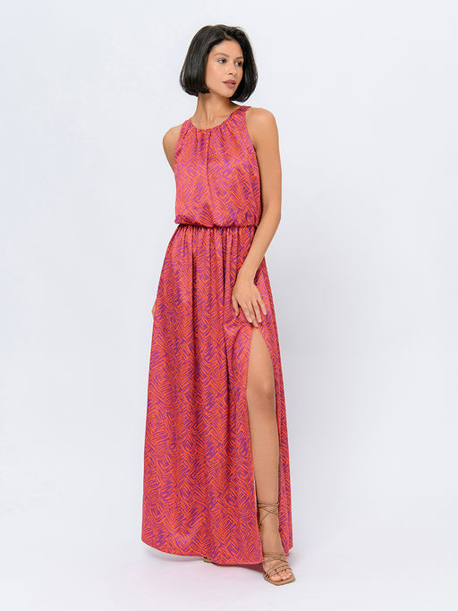 Платье оранжевого цвета длины макси с принтом и разрезом на юбке - 1001dress фото 6