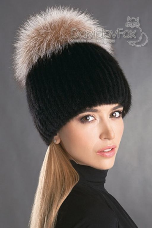Шапка Лыжница норка блэк помпон норвежка кристалл