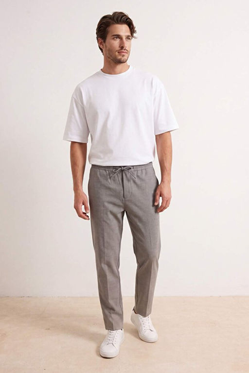Gri Dar Kal_p/Straight Fit Dokulu Beli Lastikli Boru Pa_a Erkek Dokuma Pantolon TMNSS26PL00016