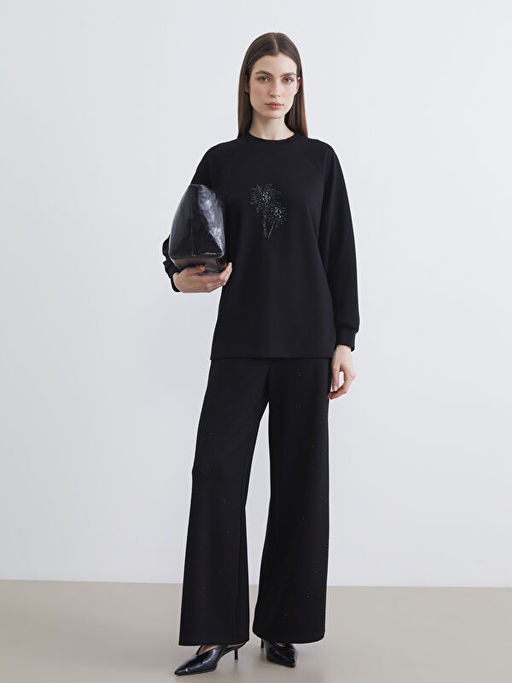 Bisiklet Yaka Boncuk ??lemeli Kad?n Sweatshirt Tunik