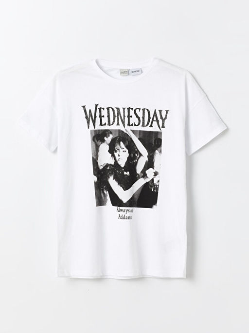 Bisiklet Yaka Wednesday Bask?l? K?sa Kollu K?z ?ocuk Ti??rt