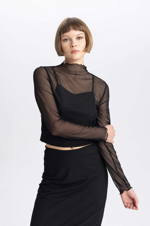 Футболка приталенного кроя с полуводолазкой и длинными рукавами из тюля - Defacto фото 4