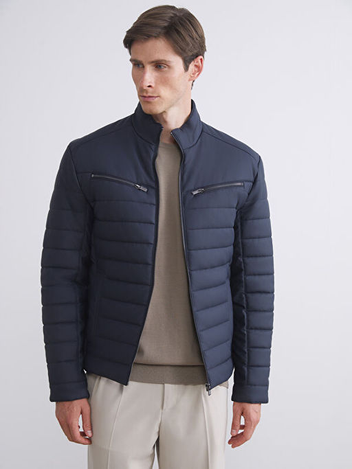 Slim Fit Dik Yaka Erkek Deri G?r?n?ml? Mont