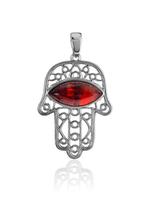 Ажурная подвеска Хамса, украшенная натуральным вишнёвым янтарём