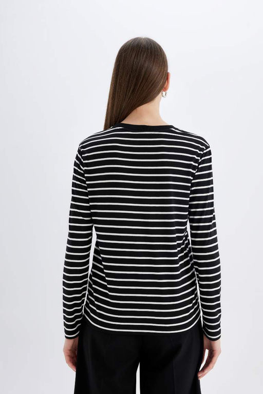 Женская повседневная полосатая футболка обычного кроя с круглым вырезом и длинными рукавами - Defacto фото 6