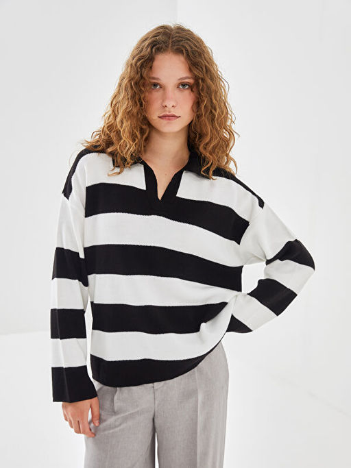 Polo Yaka ?izgili Kad?n Triko Kazak