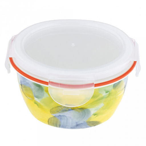 Акварель Салатник-контейнер фарфоровый 400мл, д13х6,2см, круглый, с деколью, отводка, пластмассовая крышка, герметичная, с клипсами, с силиконовым уплотнителем (Китай)