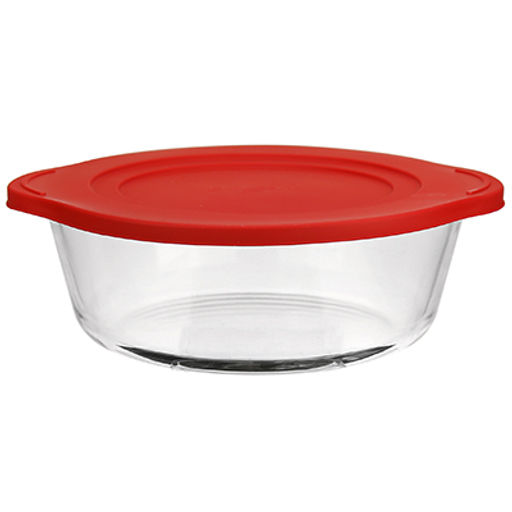 "Боркам (Borcam)" Форма стеклянная жаропрочная 0,84л, д19см, h16см, пластмассовая крышка, цветная коробка, Pasabahce (Турция)